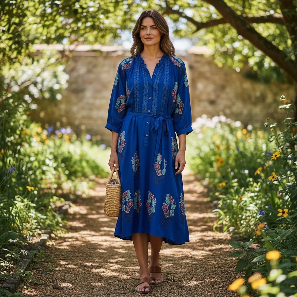 Meadow Rue Embroidered Boho Dress XS Cobalt Blue Beaded Floral Peasant Midi